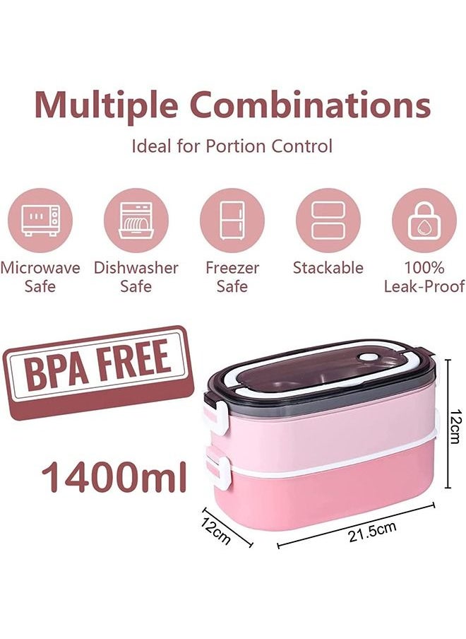 Arabest - Stainless Steel Bento Box Adults Lunch Box, Leakproof Lunch Containers with 3 Compartments, 2 Layer Lunch Box for Kids/Adultstoddlers with Spoon and Fork, Bento Lunch Box with Lunch Bag, (Pink) - Image 1