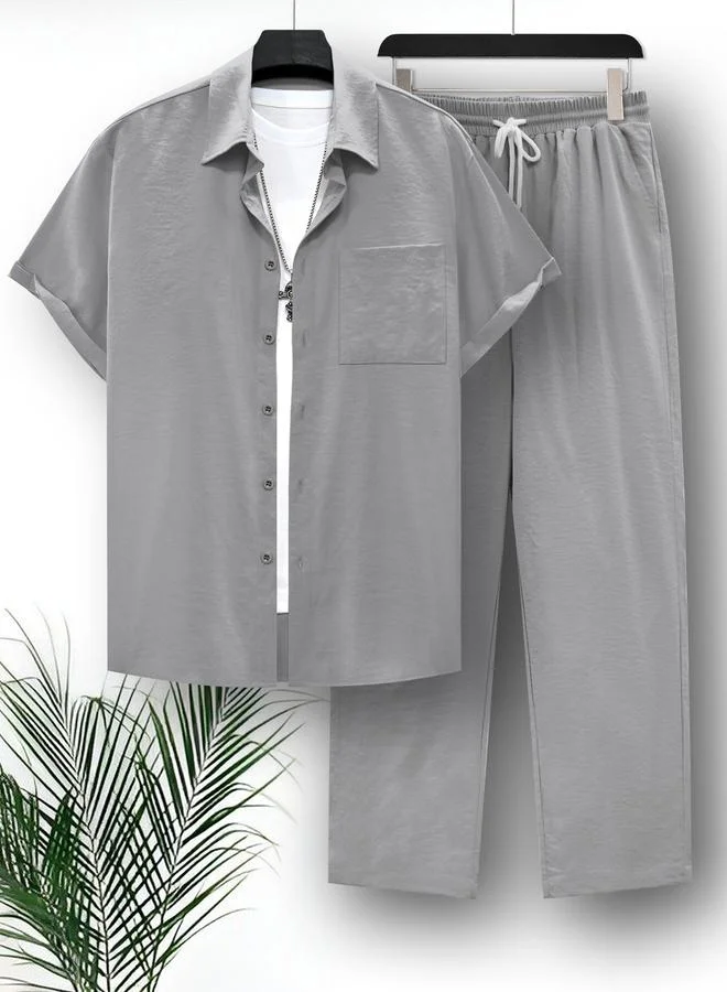 Take Two Men Plus Size Solid Casual Shirt and Pants Co-ord Set