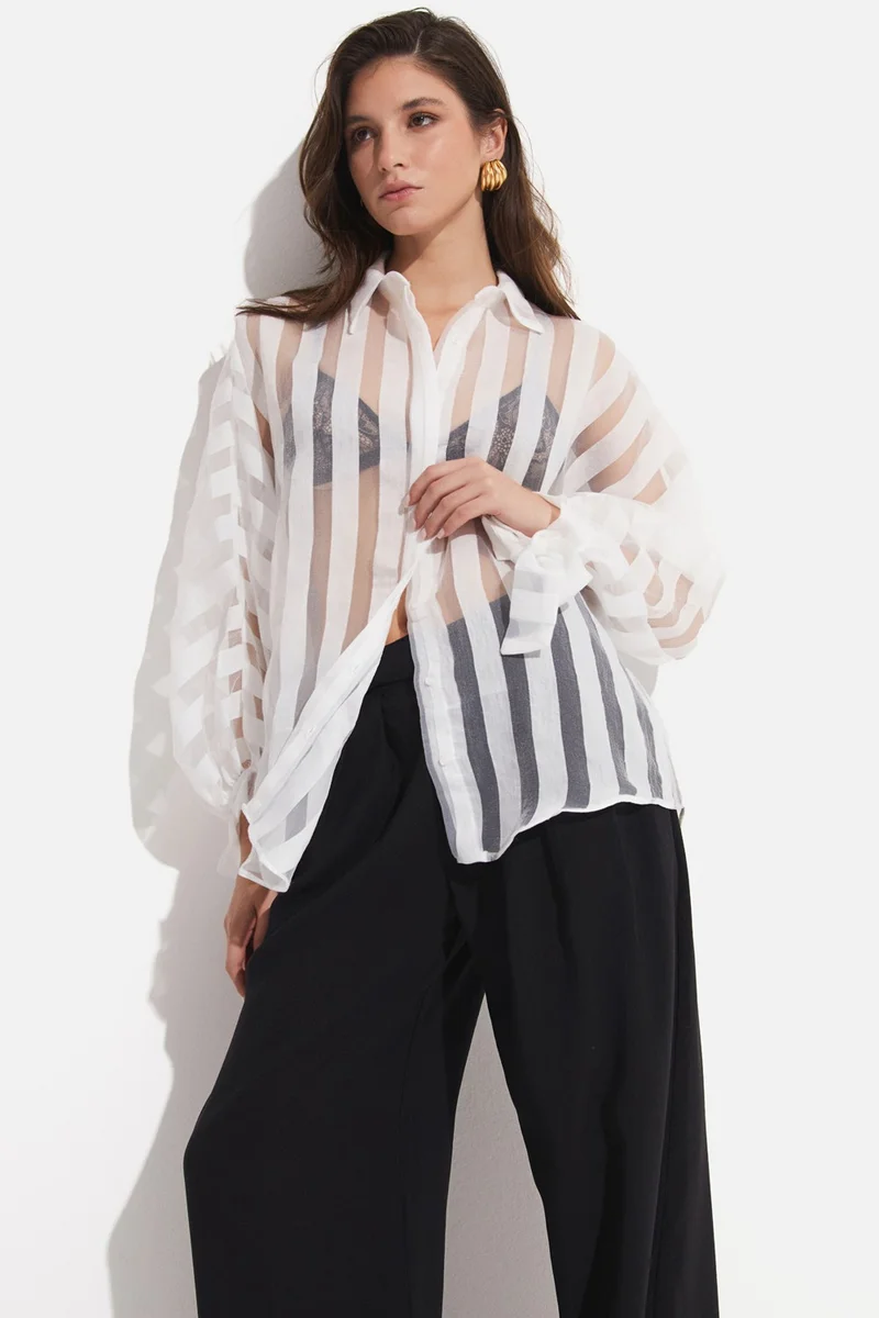 JUNE Women's Exclusive Oversize/loose Cut Transparent Striped Shirt