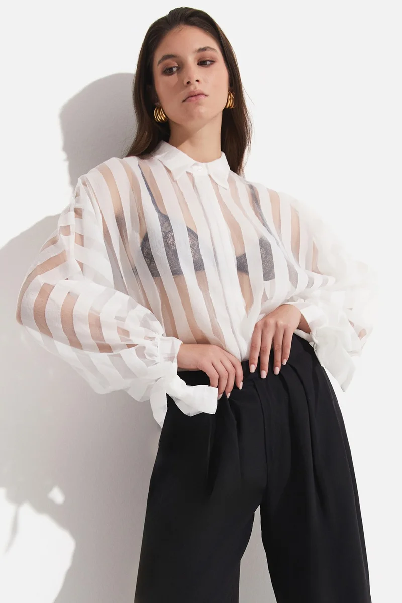 JUNE Women's Exclusive Oversize/loose Cut Transparent Striped Shirt