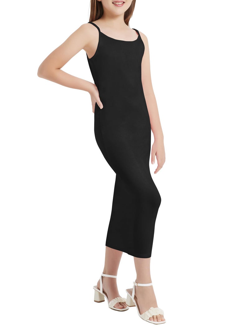 EXARUS Girls Bodycon Dress Maxi Black Tween Long Semi Formal Party Prom Wedding Graduation Dresses Casual Teen Junior Fitted Tight Cami Crew Neck Spaghetti Strap for Kids Girl 10Y - Image 3