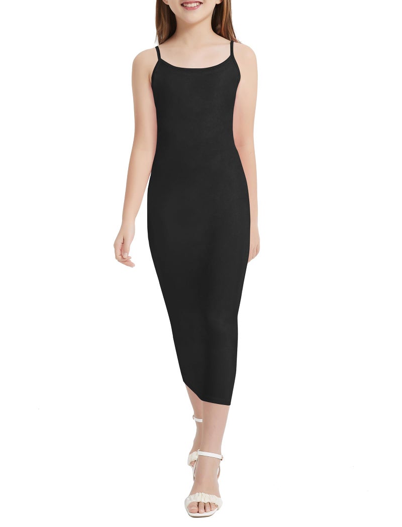 EXARUS Girls Bodycon Dress Maxi Black Tween Long Semi Formal Party Prom Wedding Graduation Dresses Casual Teen Junior Fitted Tight Cami Crew Neck Spaghetti Strap for Kids Girl 10Y - Image 5