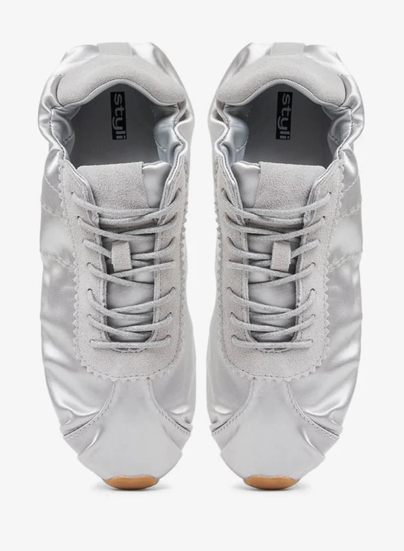 Styli Silver Silver Plain Satin Fitted Cuff Sneakers for Women | Best Price UAE