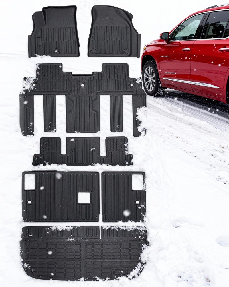 CarQiWireless All Weather Floor Mats & Cargo Liner Custom Fit for Chevy Traverse 2009-2017 (Only Fits Captain's Chairs), Front 2nd Backrest Trunk Mats for Buick Enclave 2009-2017, TPE Anti-Slip Car Accessories - Image 1