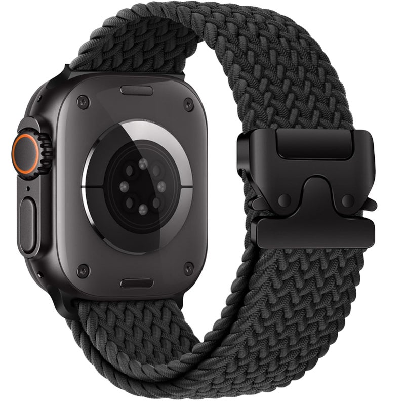 Elastic Nylon Braided Stretchy Band with Buckle Compatible with Apple Watch Strap 49mm 46mm 45mm 44mm 42mm, iWatch Ultra 2/1 Series 10/9/8/7/6/5/4/3 SE – Black - Image 1