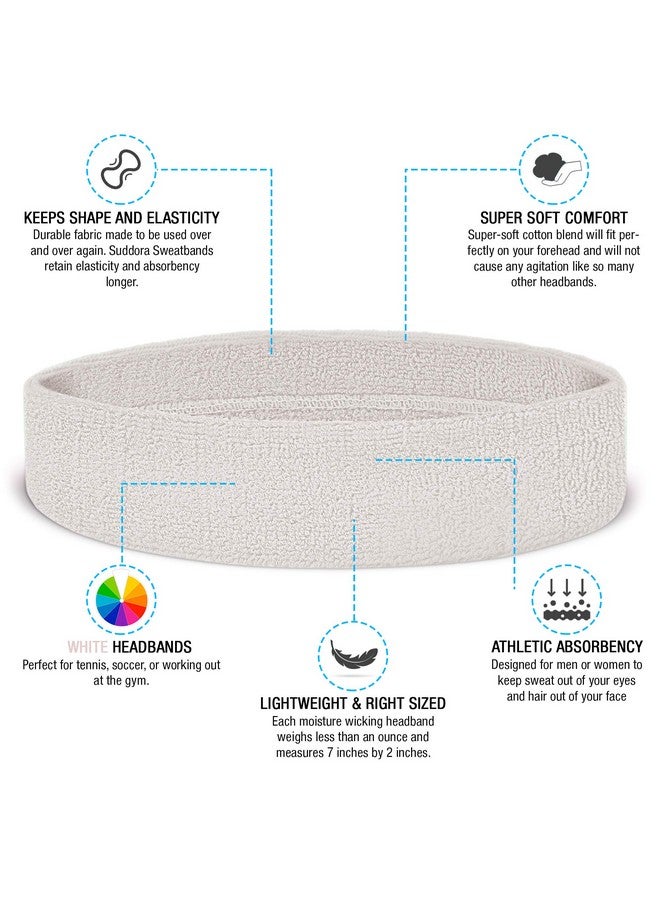 Suddora Head Sweatbands - Athletic Cotton Terry Cloth Headbands For Sports (White) - Image 2