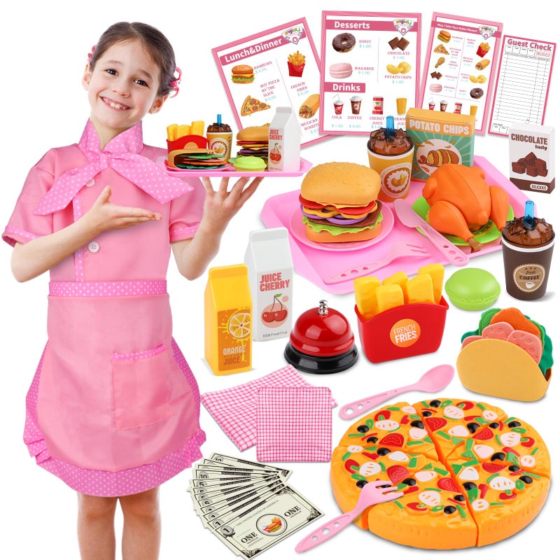Magic4U Restaurant Playsets for Kids  Waitress Role Play Costume Set for Girls 60 Pieces Food Playset with Girls Apron Diner Playset for Kids Play Restaurant Pretend Restaurant Playset for Kids Age 3 - Image 2
