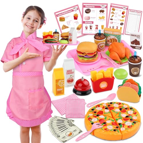 Magic4U Restaurant Playsets for Kids  Waitress Role Play Costume Set for Girls 60 Pieces Food Playset with Girls Apron Diner Playset for Kids Play Restaurant Pretend Restaurant Playset for Kids Age 3 - Image 1