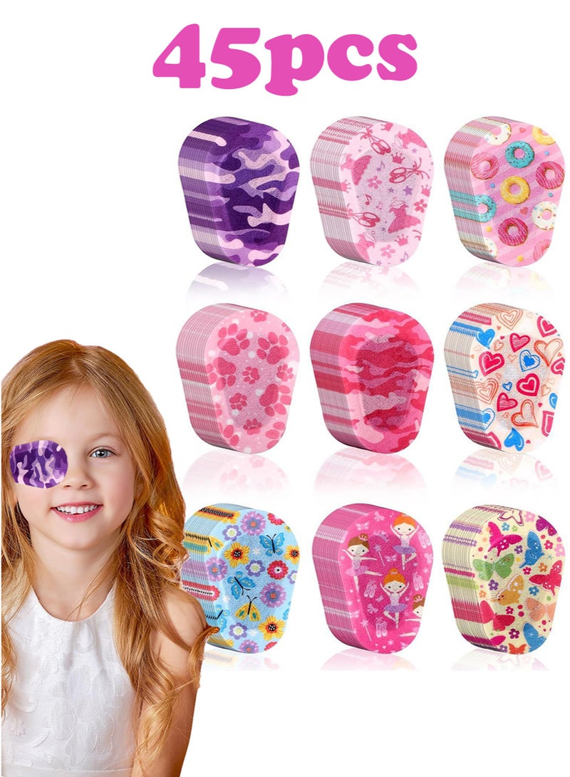 45pcs Adhesive Eye Patches for Kids Girls Toddler Eye Patches Bulk Breathable Material, Light Blocking Cotton Colorful and Fun Designs Adhesive Bandages for Girls, 9 Styles - Image 1