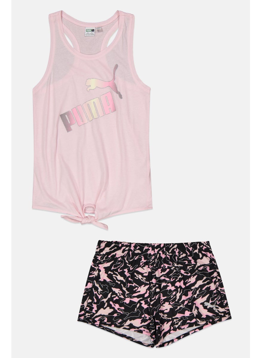 PUMA Kids Girl 2 Piece Sleeveless Top And Shorts Set, Peach  - Image 1