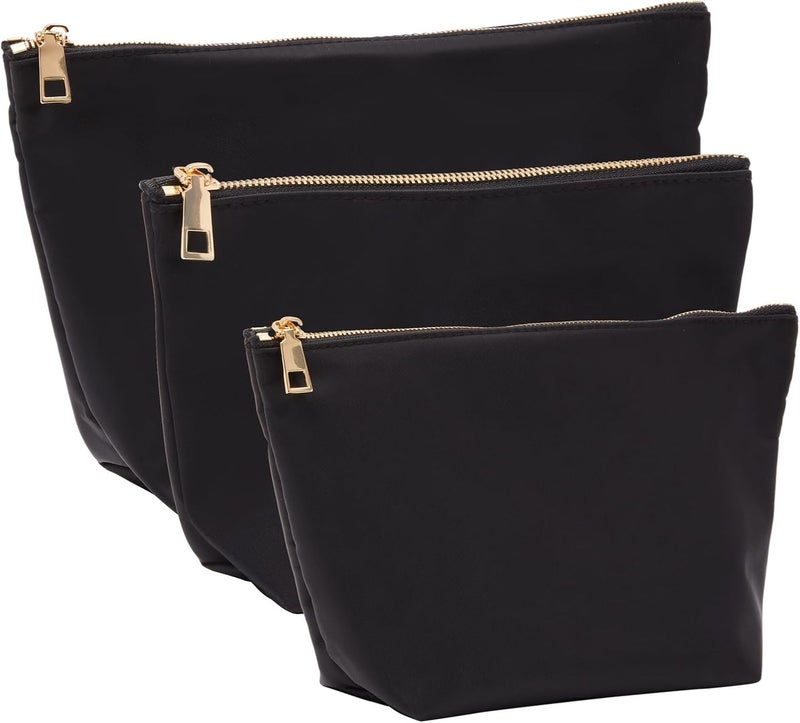 Glamlily 3 Piece Black Makeup Bag Set for Women, Nylon Zipper Cosmetic Pouch Organizers for Travel, Toiletries (3 Sizes)