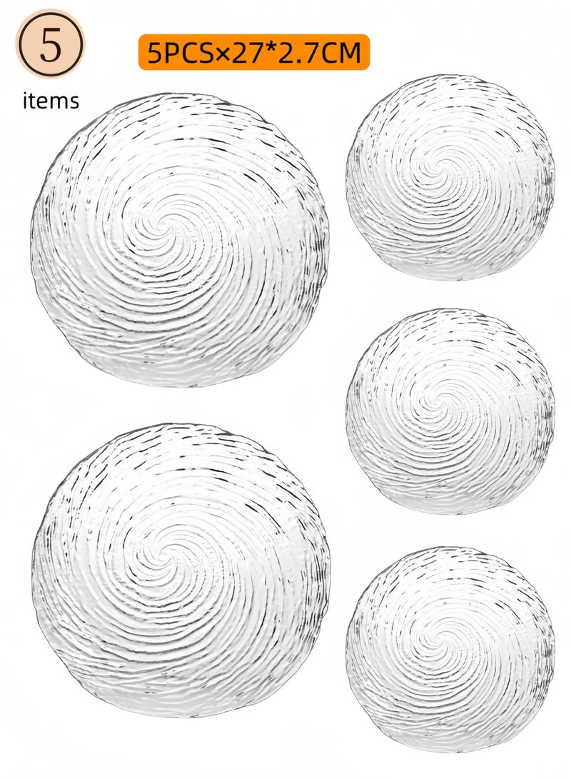 nihao 5-Piece Glass Plates Clear 27*2.7 cm,Lead-free Crystal Glass, Dessert, Salad, Appetizer Plate, Elegant Textured Glass Design, Stackable Plates For Special Occasion, Dishwasher Safe-Cyclone Style  - Image 1