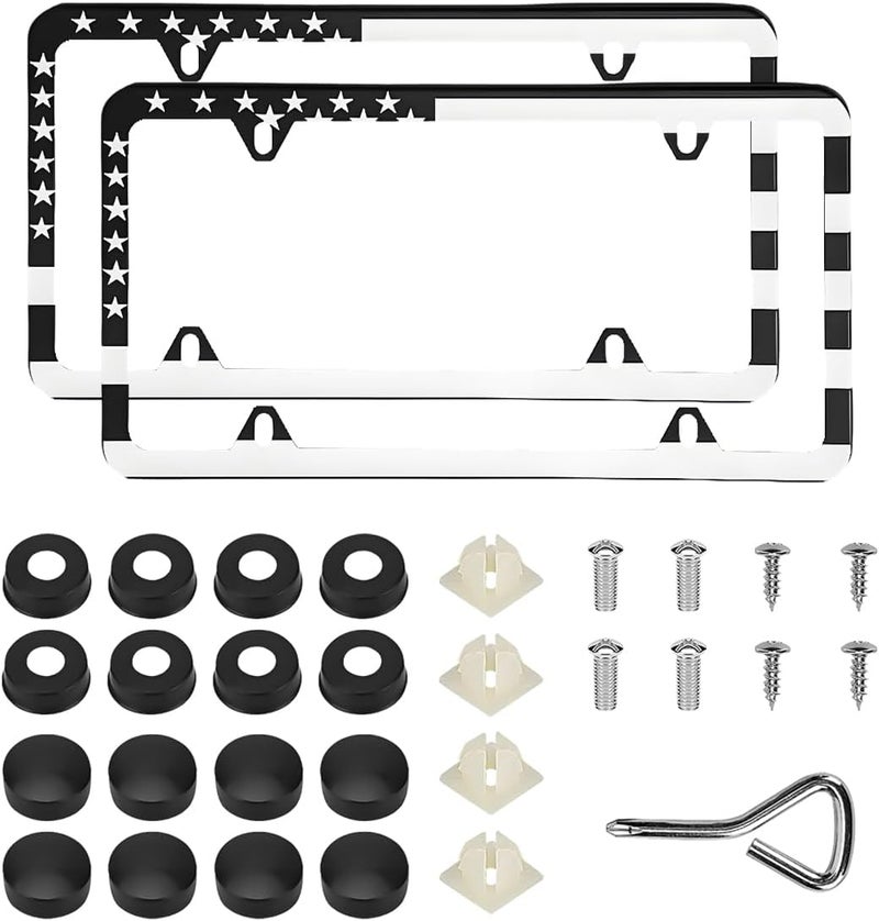 Wevdn 2 PCS American Flag License Plate Frames, Front Rear Patriotic USA Car Plate Frame, Aluminum License Plate Holder with Free Screws Fasteners Caps and Tool, Universal Car Accessory (White) Universal design - Image 1