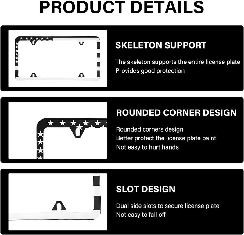 Wevdn 2 PCS American Flag License Plate Frames, Front Rear Patriotic USA Car Plate Frame, Aluminum License Plate Holder with Free Screws Fasteners Caps and Tool, Universal Car Accessory (White) Universal design - Image 3