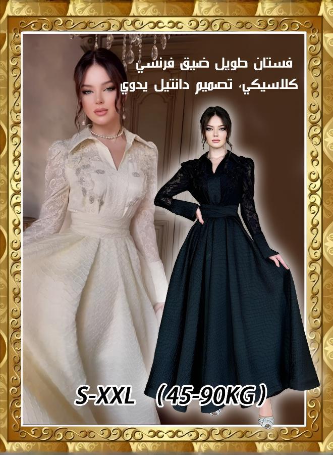 فستان طويل ضيق فرنسي كلاسيكي، تصميم دانتيل يدوي - Image 2