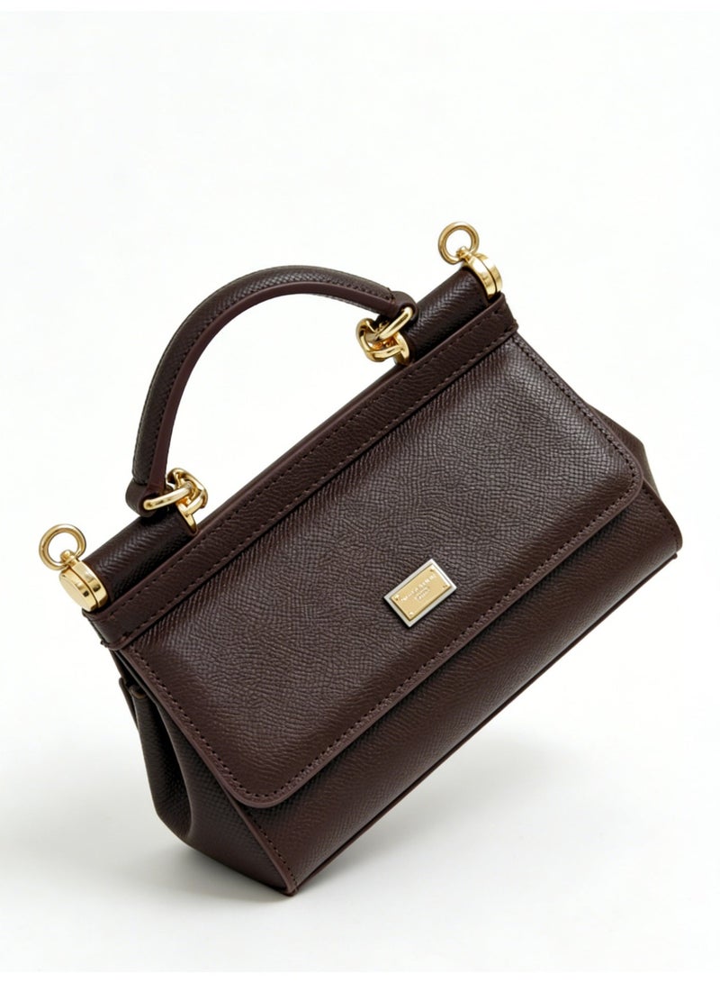 دي آند جي D&G Sicily East West Smooth Leather Top Handbag, Women's Handbag, Women's Shoulder Bag, Women's Crossbody Bag, Women's Travel Bag, Brown Plain weave - Image 5