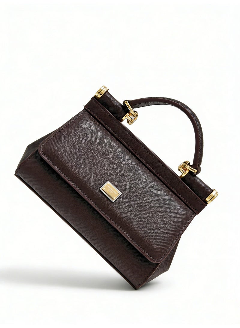 دي آند جي D&G Sicily East West Smooth Leather Top Handbag, Women's Handbag, Women's Shoulder Bag, Women's Crossbody Bag, Women's Travel Bag, Brown Plain weave - Image 3