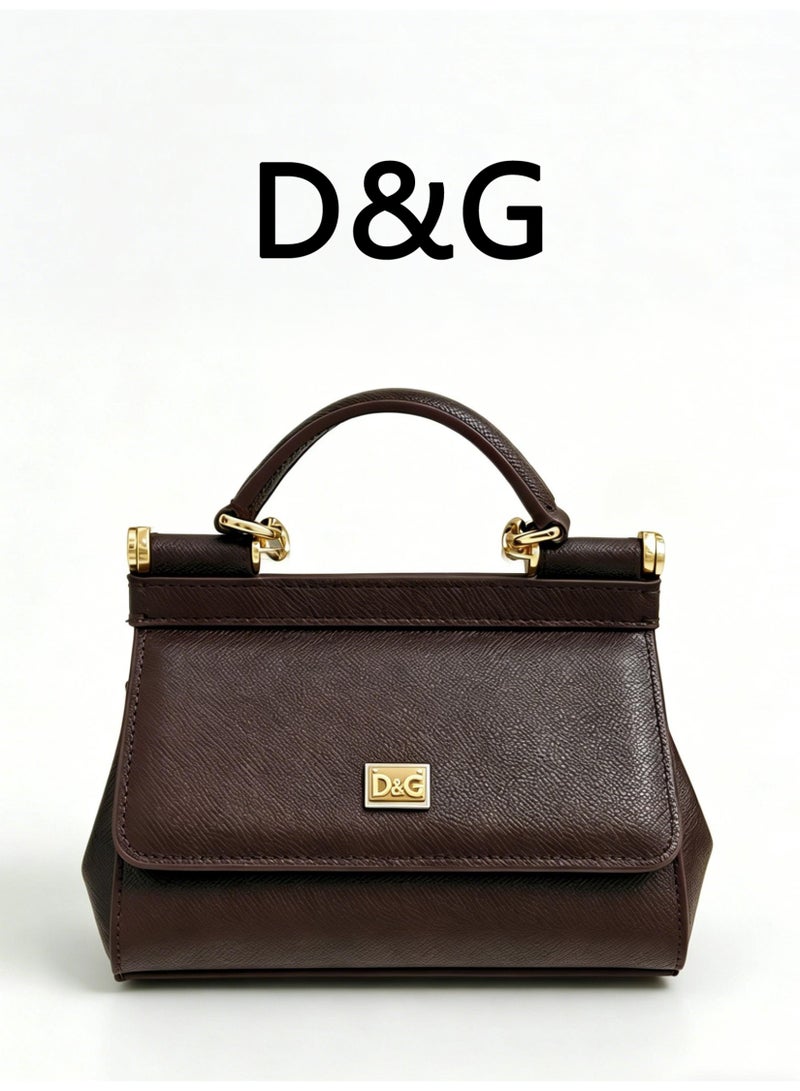 دي آند جي D&G Sicily East West Smooth Leather Top Handbag, Women's Handbag, Women's Shoulder Bag, Women's Crossbody Bag, Women's Travel Bag, Brown Plain weave - Image 1