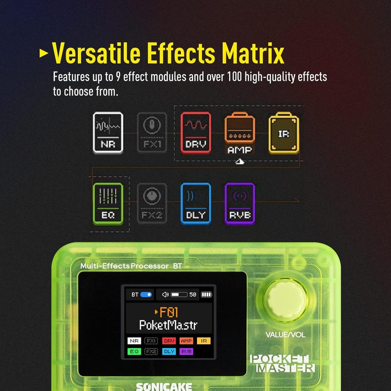 SONICAKE QME-10TGN Pocket Master-Multi Effects Guitar Pedal with 9 Effects Modules 100 Drum Rhythms and Looper 100 Presets 20 Amp/Cab Electric Guitar Effects Processor OTG USB Audio Interface BT - Image 5