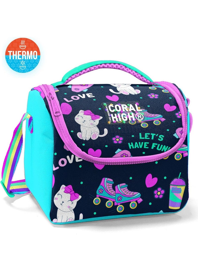 CORAL HIGH Kids Navy Blue Pink Cat Skate Patterned Thermo Lunchbox 11891  - Image 3