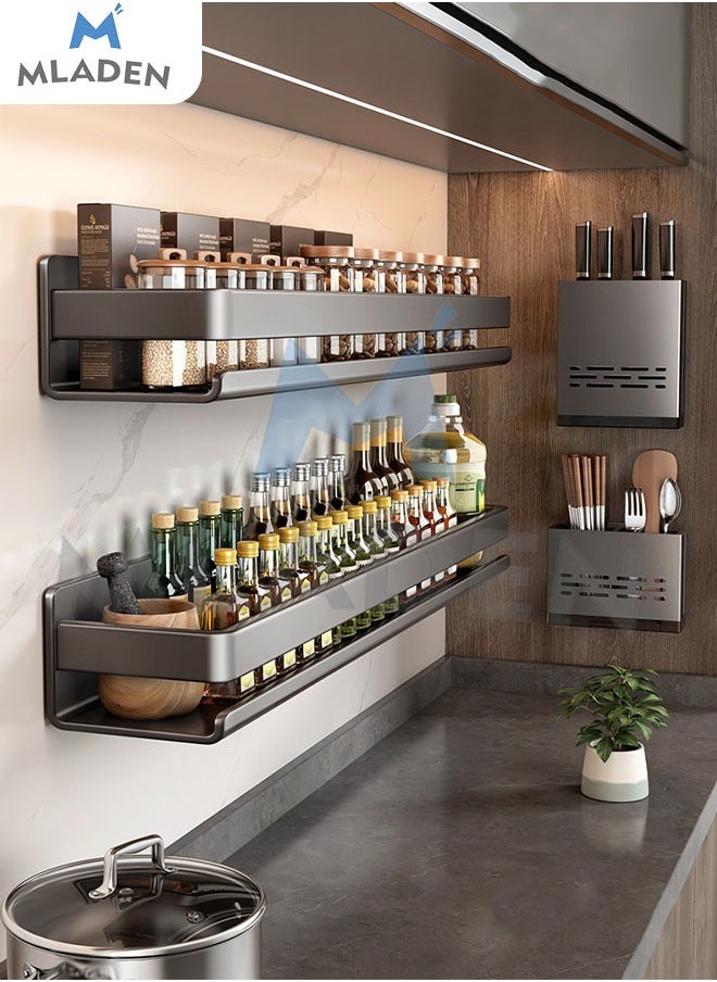 MLADEN - MLADEN 2PC New Adhesive Wall-Mounted Seasoning Rack No Punching Required Stainless Steel Storage Shelves Wall Spice Jar Storage Rack Kitchen Shelves For Kitchen And Bathroom 50cm Grey - Image 1