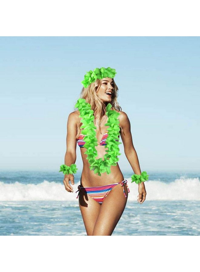 CBLUO Hawaiian Leis Flower Headband Wristbands Tropical Hawaii Luau Necklace Bracelets Hair Hoops Wreath Women Headpiece Hair Bands Cosplay Costume Summer Beach Vacation Pool Party Decoration Green - Image 3