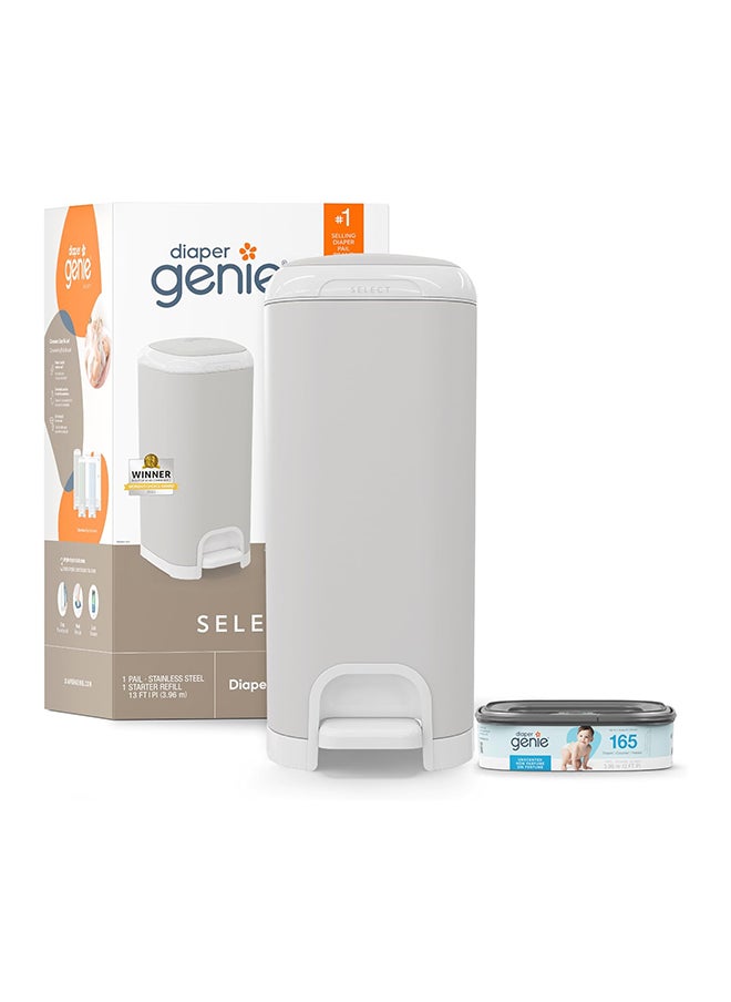Diaper Genie Select Odor Lock Stainless Steel Diaper Pail Grey | Hands-Free Step Pedal | Odor Control | Large Capacity Baby Nappy Trash Can  - Image 1