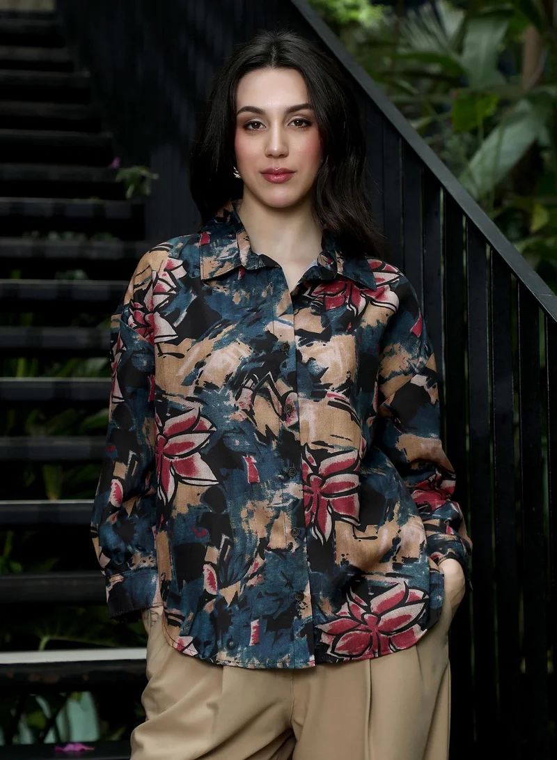 PINACOLADA Women's Artistic-Flowers Oversized Shirt | Spread Collar , Long Button-Cuff Sleeves, Button Closure | Floral Print Plain Woven Shirt For Casual & Daily Wear | Emerald Green & Khaki Beige