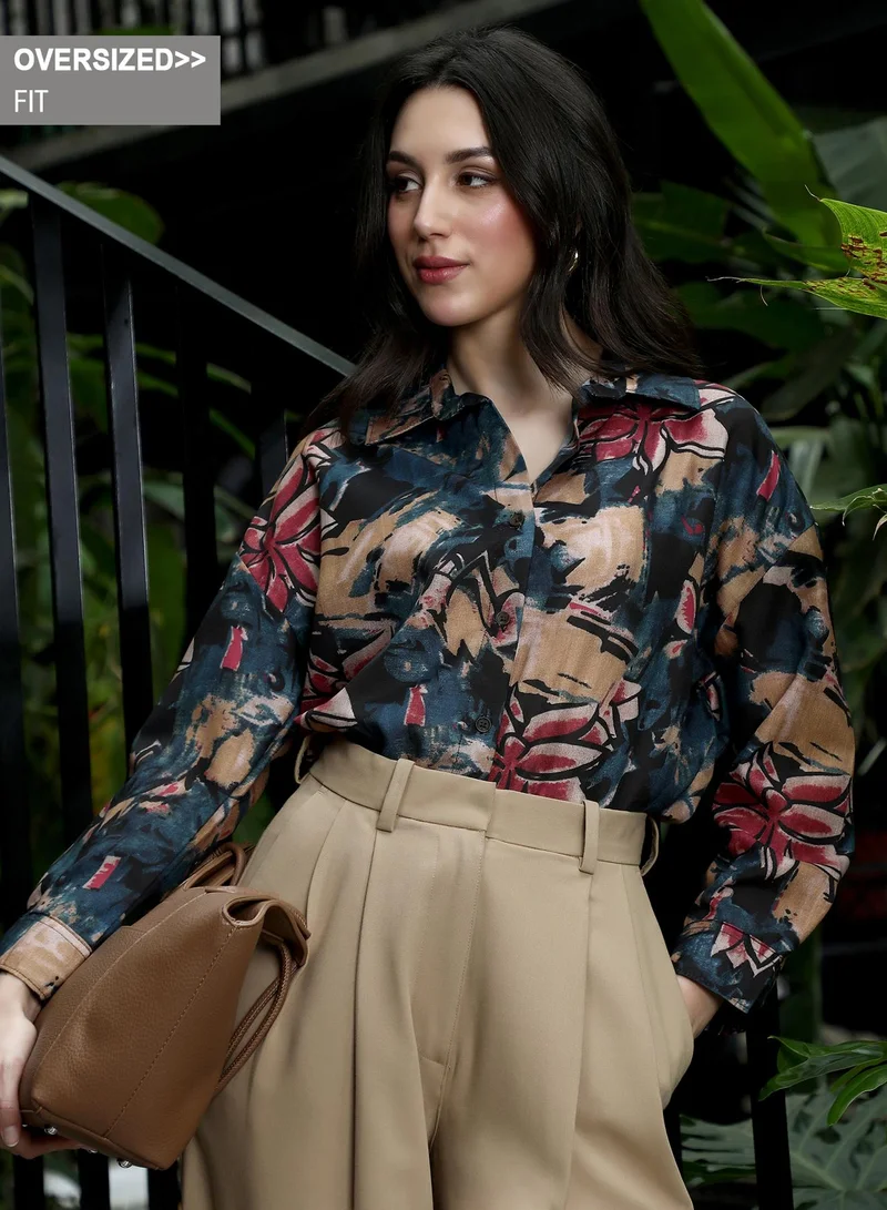 Women's Artistic-Flowers Oversized Shirt | Spread Collar , Long Button-Cuff Sleeves, Button Closure | Floral Print Plain Woven Shirt For Casual & Daily Wear | Emerald Green & Khaki Beige