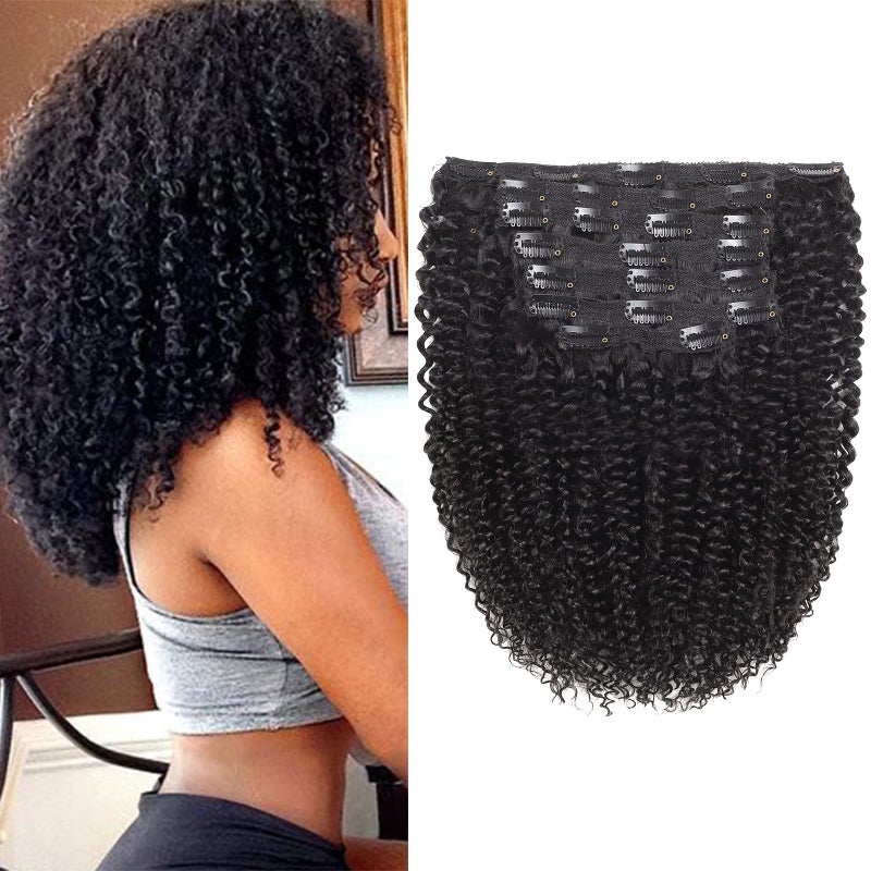 Rolisy Kinky Curly Clip In Hair Extensions Human Hair 18 Inch Curly Hair Extensions Clip In Human Hair for Black Women 3C 4A 4B Afro Kinky Curly Hair Clip Ins Soft Brazilian Remy Hair Thick Ends