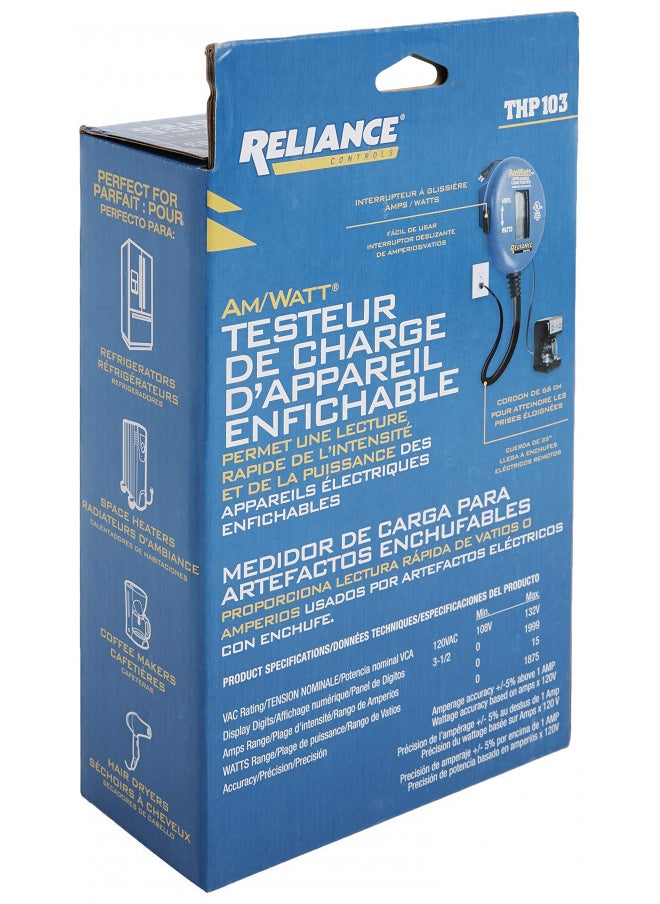 Reliance Controls Reliance Controls Ammeter and Wattmeter THP103 AmWatt Appliance Load Tester/Plug, Blue  - Image 5
