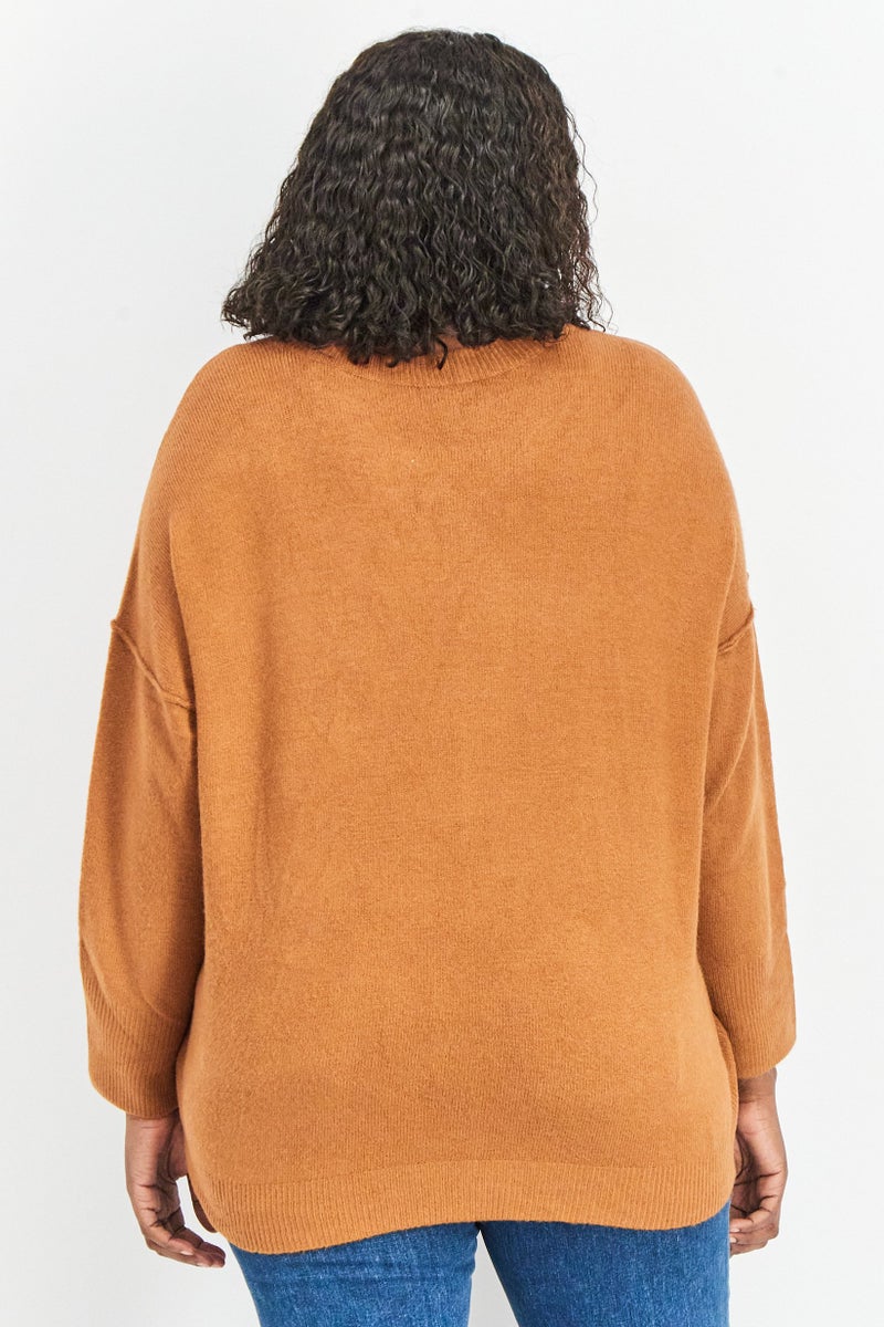 VINCE CAMUTO Women Round Neck Long Sleeves Textured Sweater, Brown - Image 3