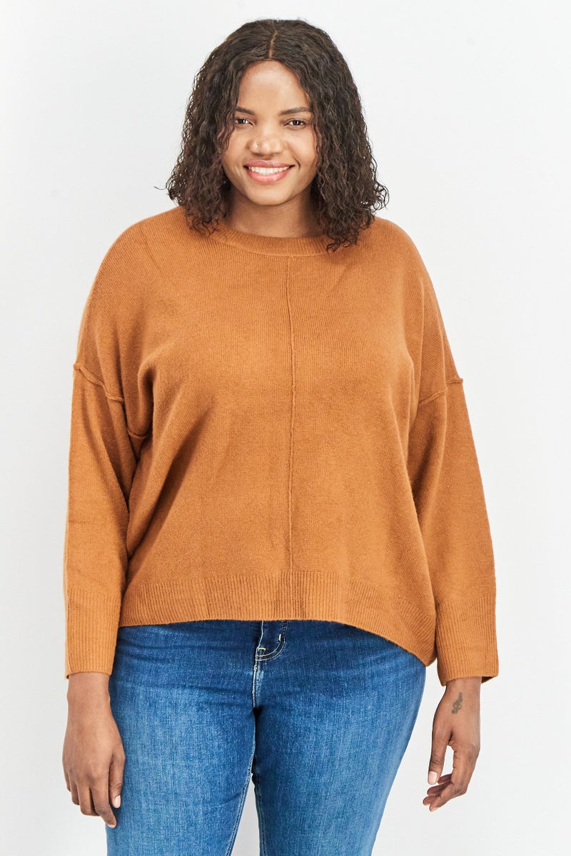VINCE CAMUTO Women Round Neck Long Sleeves Textured Sweater, Brown - Image 1