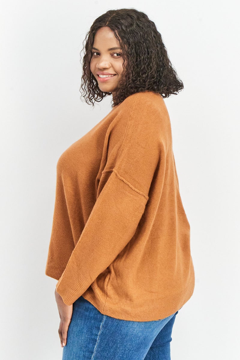 VINCE CAMUTO Women Round Neck Long Sleeves Textured Sweater, Brown - Image 2