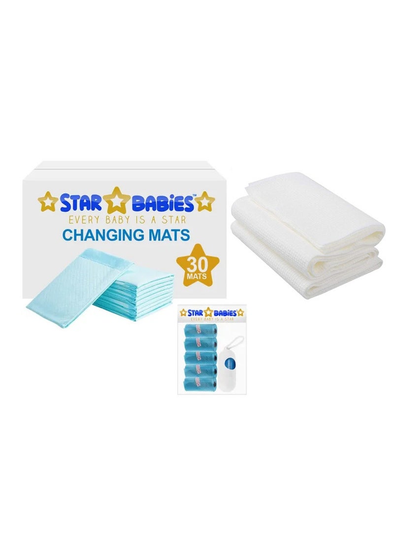 STAR BABiES Combo Pack Disposable Changing Mat 30Pcs Scented Bag Pack Of 5 Disposable Towel Pack Of 3-Blue  - Image 1