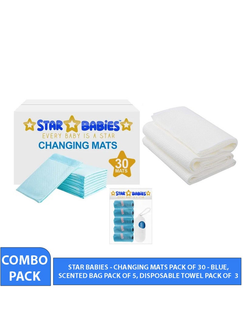 STAR BABiES Combo Pack Disposable Changing Mat 30Pcs Scented Bag Pack Of 5 Disposable Towel Pack Of 3-Blue  - Image 2