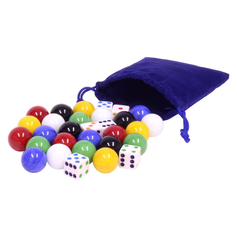 أميش توي بوكس.كوم amishtoybox.com 24 X-large Glass Marbles (قطرها 22 مم) و 6 زهر في حقيبة الرباط القماش - Image 1