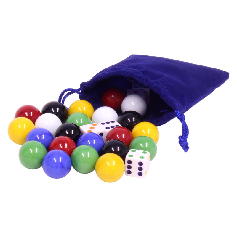 أميش توي بوكس.كوم amishtoybox.com 24 X-large Glass Marbles (قطرها 22 مم) و 6 زهر في حقيبة الرباط القماش - Image 2