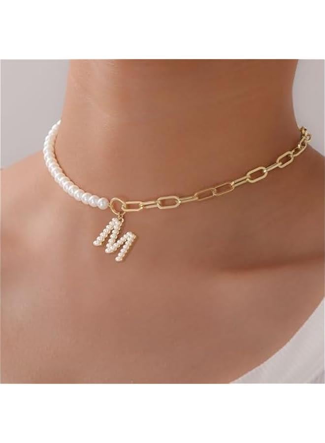 Pearl Initial Necklaces for Women Choker Necklace 14K Gold Plated Paperclip Link Chain Necklace Dainty Pearl Chain for Women Gold Jewelry valentines day gifts for her girlfriend wife - Image 4