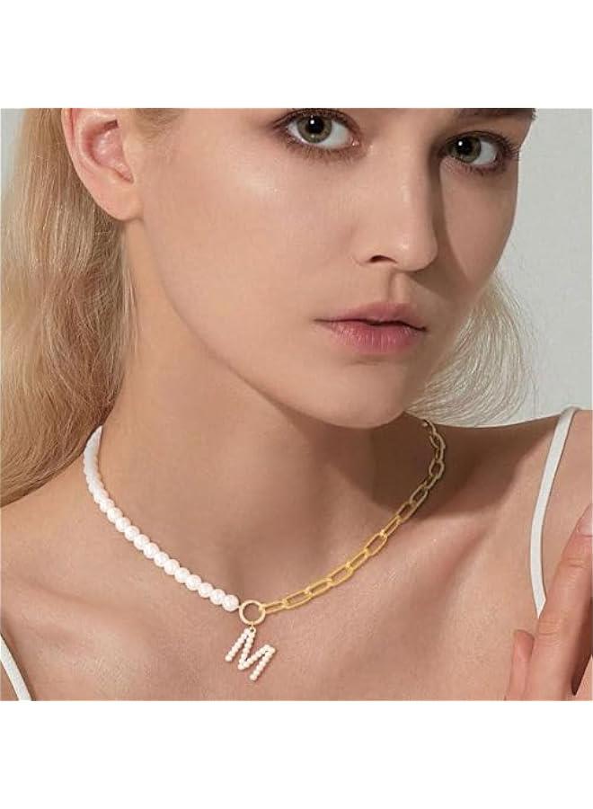 Pearl Initial Necklaces for Women Choker Necklace 14K Gold Plated Paperclip Link Chain Necklace Dainty Pearl Chain for Women Gold Jewelry valentines day gifts for her girlfriend wife - Image 2