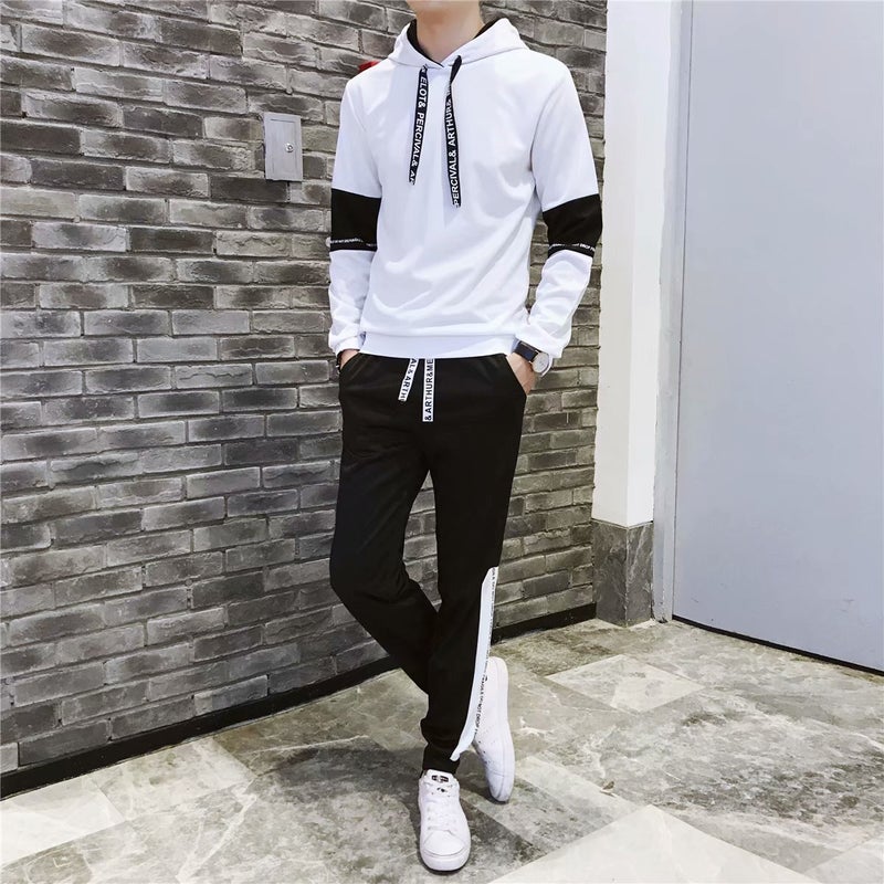 Autumn 2019 New Two-piece Japanese-style Korean-style Mens Sweater Male Student Sports Jacket Hooded Set Fashion Sweat suit white on top and black on bottom