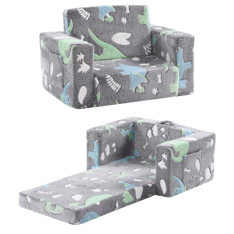 Givjoy Toddler Chair Kids Couch 2in1 Toddler Soft Sherpa Couch Fold Out Armchair with Removable Cover Convertible Reading Chair Sofa for Kid Glow in The Dark Plush Grey Dinosaur