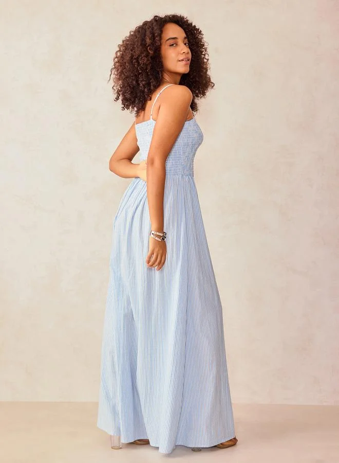 Outzidr  Blue Strappy Smocked Maxi Dress for Women | Best Price UAE