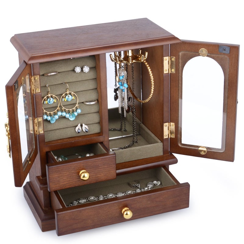 Kendal Wooden Jewelry Box for Women Solid Jewelry Holder Organizer Mothers Day Gifts Wood Jewelry Case with Mirror for Necklaces Earring Rings 2 Side Door Brown