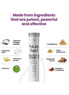 WELLBEING NUTRITION Skin Fuel Collagen Builder, L-Glutathione, Hyaluronic Acid, Matcha Green Tea, Aloe Vera, Grape Seed, Vit E, Elasticity- 60 Effervescent Tabs  - Image 2
