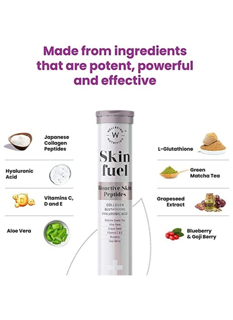 WELLBEING NUTRITION Skin Fuel Collagen Builder, L-Glutathione, Hyaluronic Acid, Matcha Green Tea, Aloe Vera, Grape Seed, Vit E, Elasticity- 60 Effervescent Tabs  - Image 2