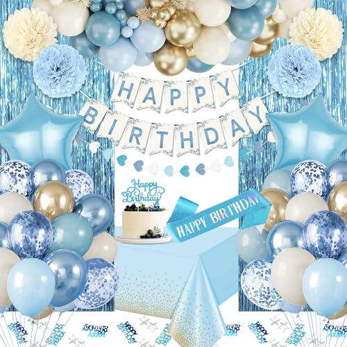 Fantspati Blue Birthday Decorations Blue Party Decor with Balloons Happy Birthday Banner Birthday Sash Tablecloth Fringe Curtain Light Blue Bday Decorations for Baby Boys Girl Men Women - Image 1