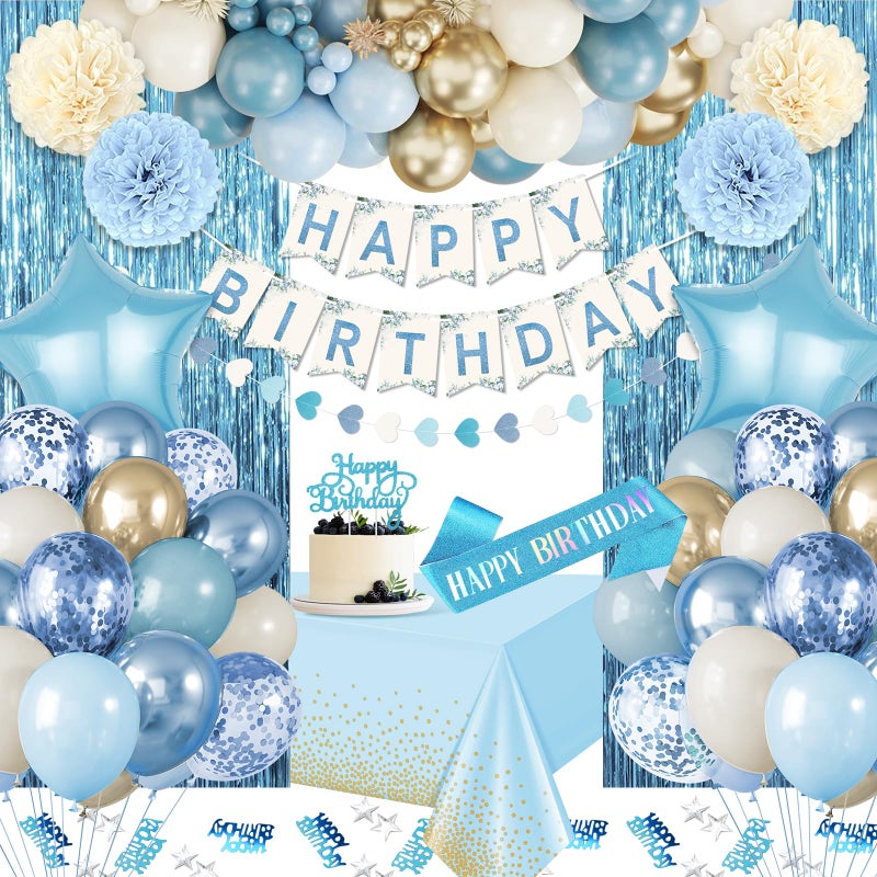 Fantspati Blue Birthday Decorations Blue Party Decor with Balloons Happy Birthday Banner Birthday Sash Tablecloth Fringe Curtain Light Blue Bday Decorations for Baby Boys Girl Men Women - Image 3