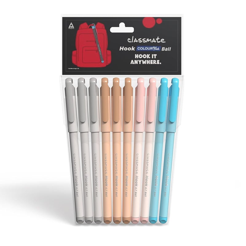 classmate Hook Ball Pen- Blue (Pack of 10)|Multicolour Body Pens|Attractive Pastel Shades for Boys & Girls|Smooth Writing Ball Pen|Unique Design - Image 1