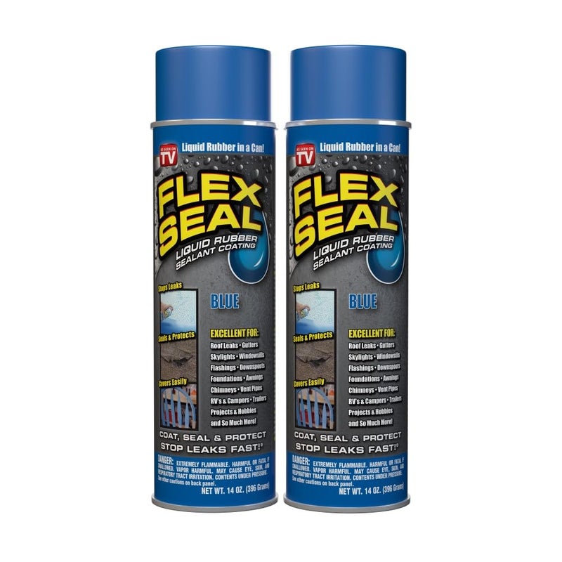 Flex Seal, 14 oz, 2-Pack, Blue, Stop Leaks Instantly, Waterproof Rubber Spray On Sealant Coating, Perfect for Gutters, Wood, RV, Campers, Roof Repair, Skylights, Windows, and More - Image 1